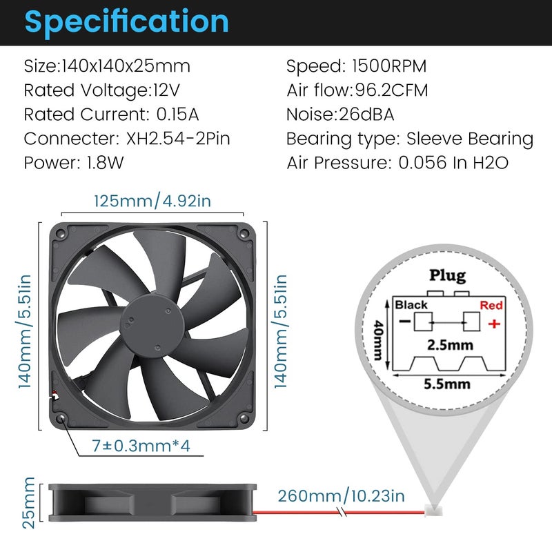 Wathai 140mm Case Fan 12V DC Brushless High Performance Cooling Fan 140x25mm - Image 2